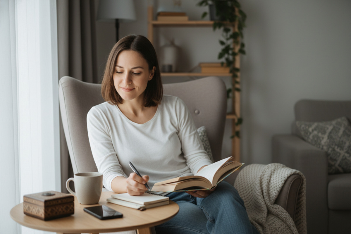 Alltagsszenen, die zeigen, wie Lesen mit kleinen Routinen, weniger Ablenkung und kurzer Reflexion leichter werden kann