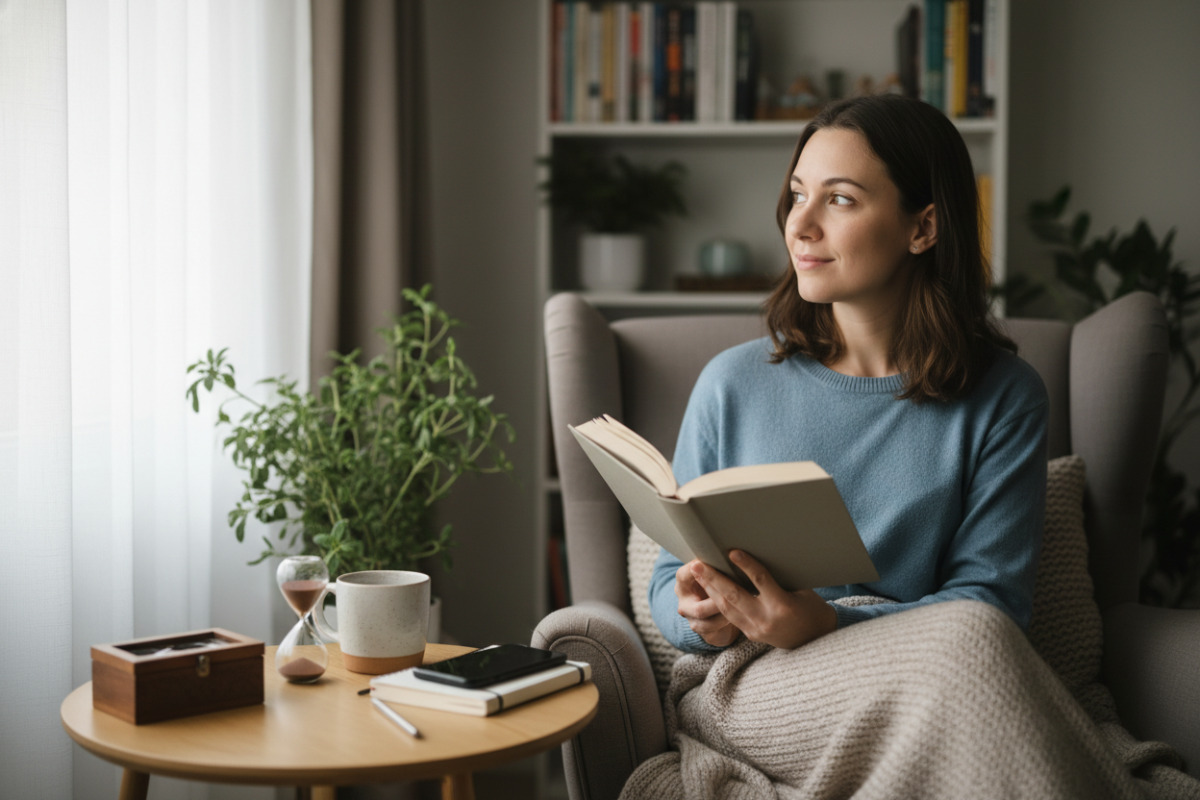 Alltagsszenen, die zeigen, wie Lesen mit kleinen Routinen, weniger Ablenkung und kurzer Reflexion leichter werden kann