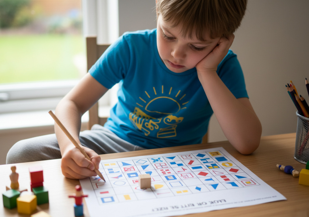 Kind löst ein Logikrätsel auf einem Arbeitsblatt