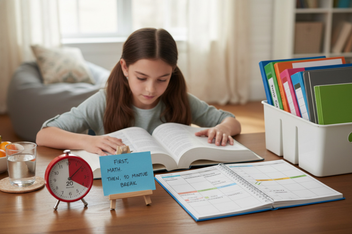 Alltagsszenen, die zeigen, wie Timer, Ordnung, Wochenplanung, Pausen und klare Anweisungen Konzentration im Schulalter
