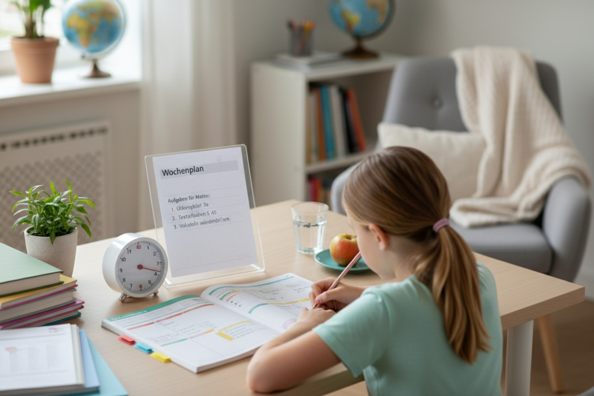 Alltagsszenen, die zeigen, wie Timer, Ordnung, Wochenplanung, Pausen und klare Anweisungen Konzentration im Schulalter