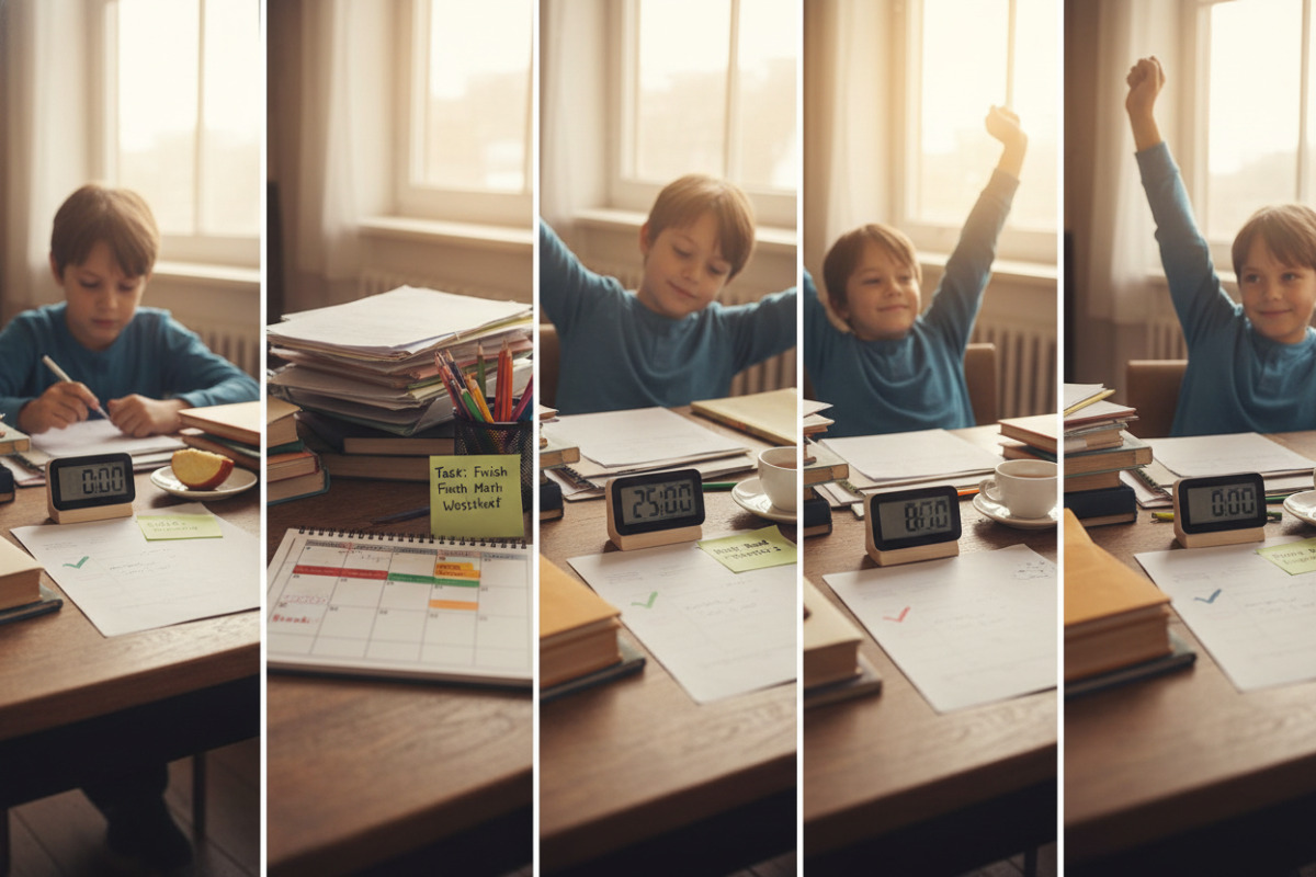 Alltagsszenen, die zeigen, wie Timer, Ordnung, Wochenplanung, Pausen und klare Anweisungen Konzentration im Schulalter