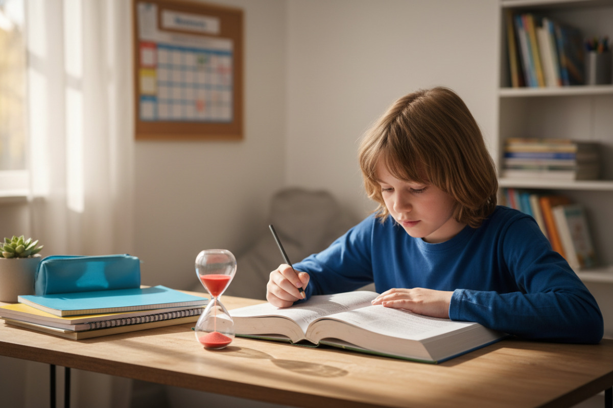 Alltagsszenen, die zeigen, wie Timer, Ordnung, Wochenplanung, Pausen und klare Anweisungen Konzentration im Schulalter
