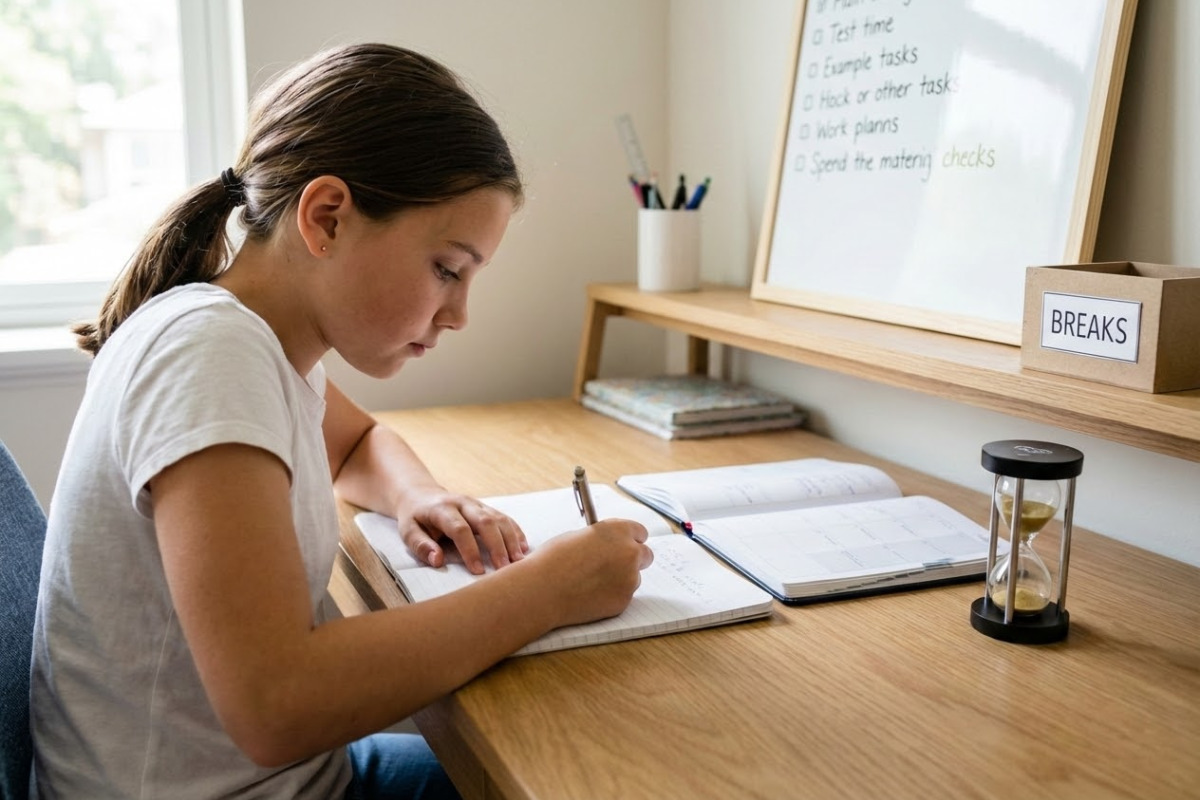 Alltagsszenen, die zeigen, wie Timer, Ordnung, Wochenplanung, Pausen und klare Anweisungen Konzentration im Schulalter