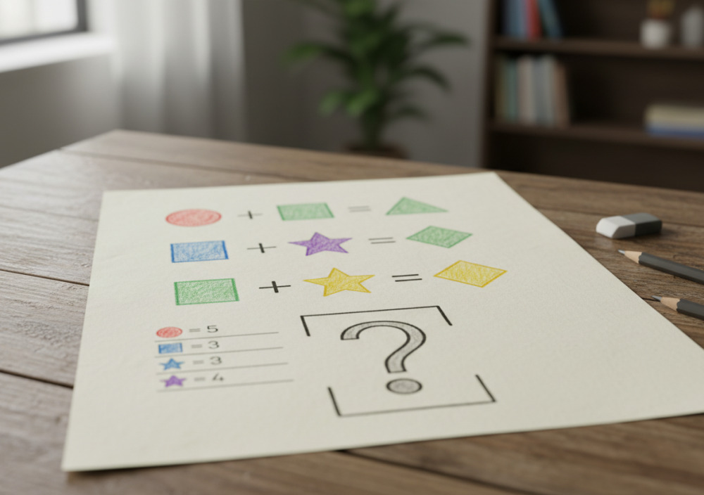 Zahlenrätsel mit Symbolen auf einem Blatt Papier