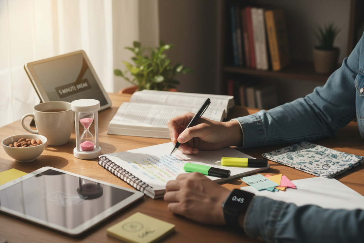 alltagstaugliche , die zeigen, wie kleine Rituale, Markieren, Timer und Mini-Pausen die Konzentration beim Lernen