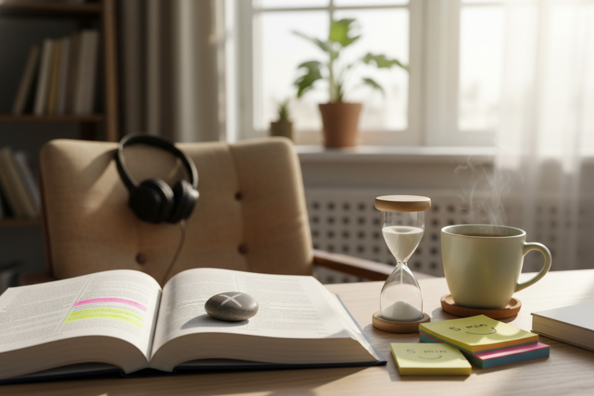 alltagstaugliche , die zeigen, wie kleine Rituale, Markieren, Timer und Mini-Pausen die Konzentration beim Lernen