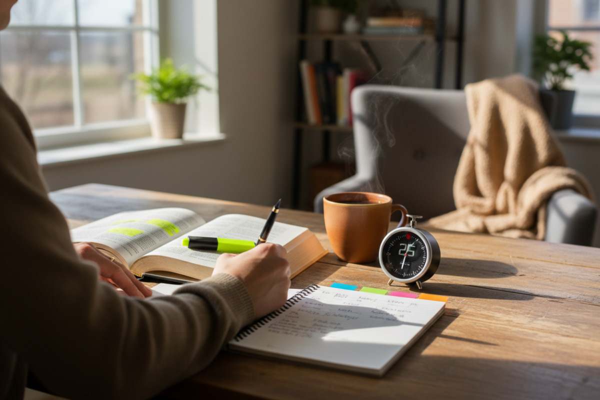 alltagstaugliche , die zeigen, wie kleine Rituale, Markieren, Timer und Mini-Pausen die Konzentration beim Lernen