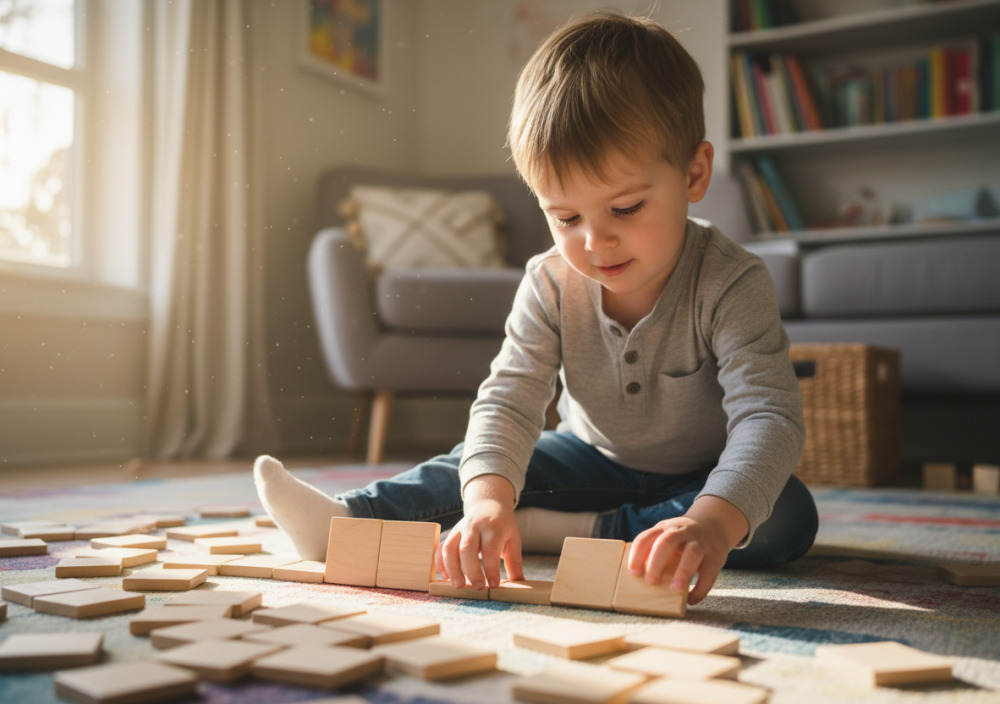 Kind ordnet Buchstabenkärtchen zu einem Wort