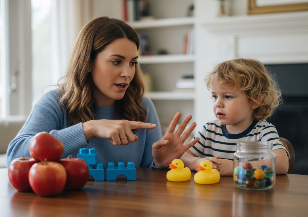 Elternteil zeigt auf Gegenstände und spricht mit Kind über Mengen