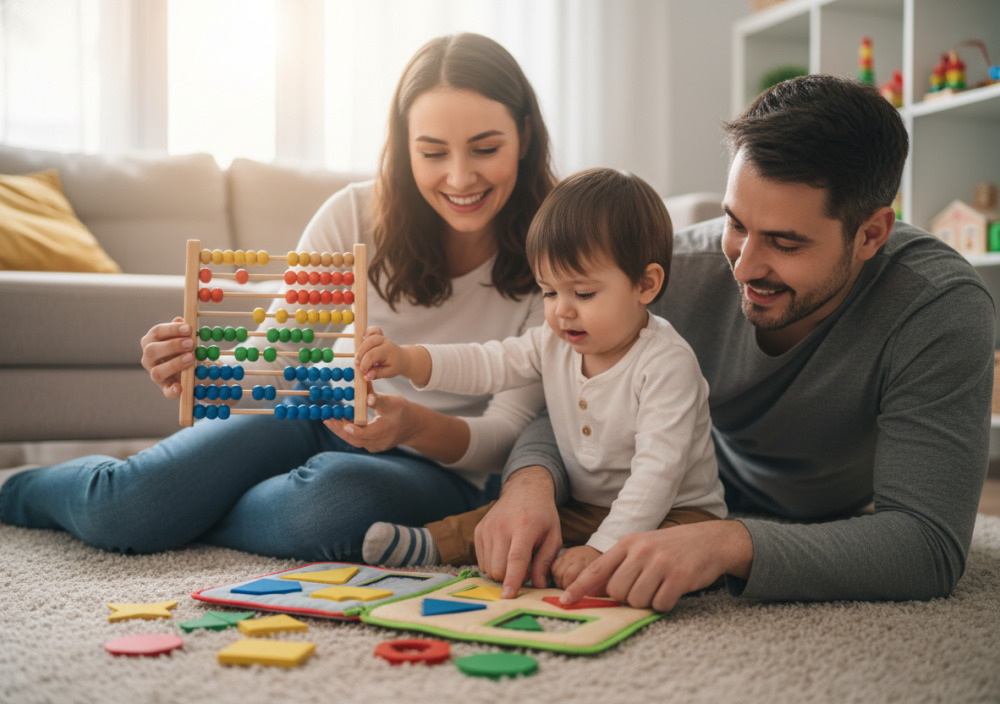 Eltern und Kind führen gemeinsam eine kurze Lernroutine durch