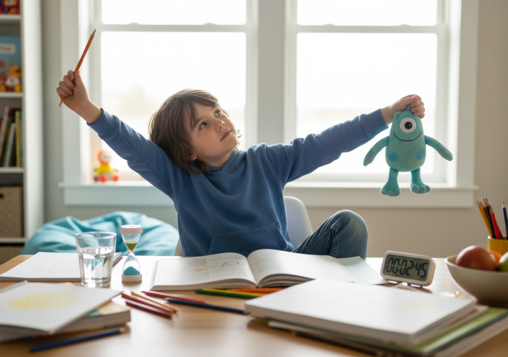 Kind macht Hausaufgaben mit kurzen Konzentrationspausen