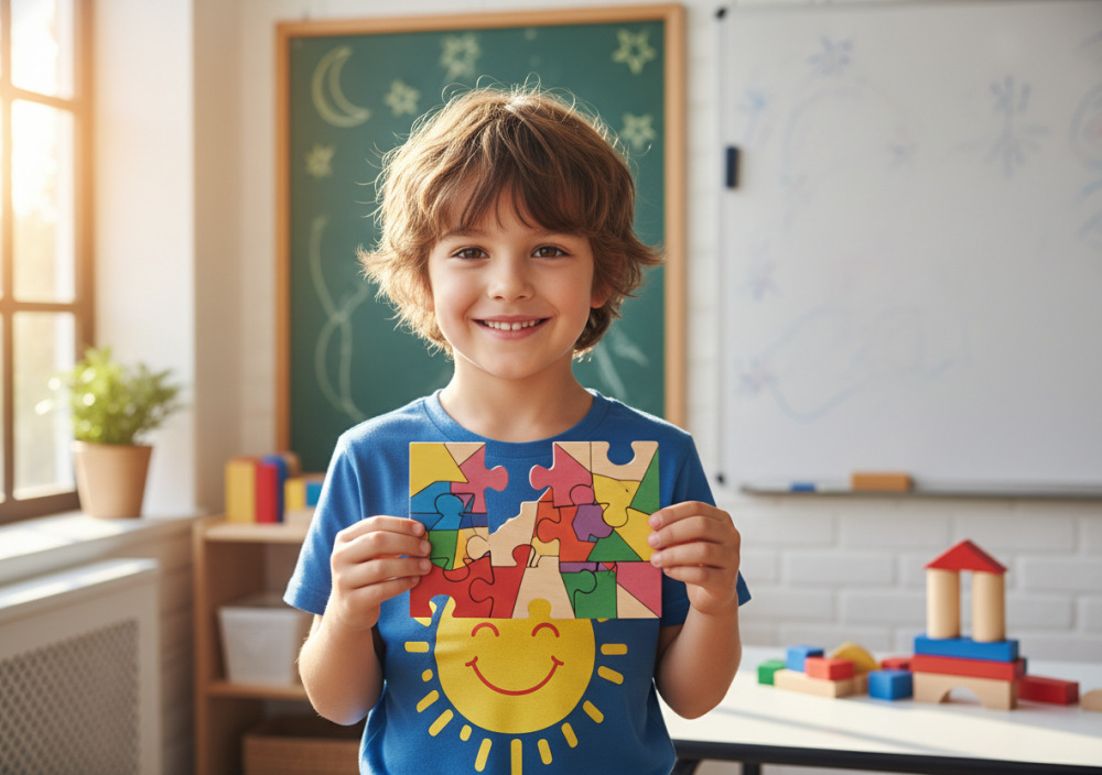 Glückliches Grundschulkind zeigt stolz gelöstes Rätsel