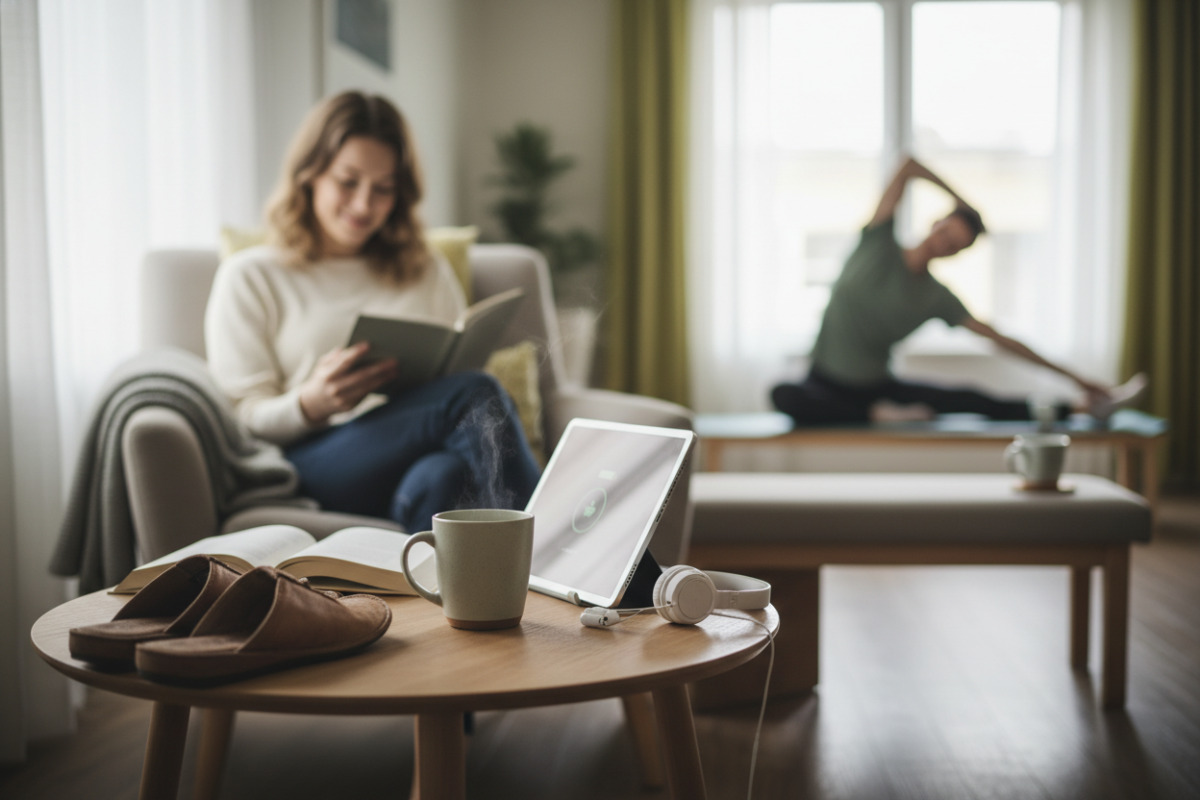 kleine Alltagsszenen, die zeigen, wie Ankommen, Trinken, Lesen, Pausen und ein fester Geräteplatz zusammen Ruhe in den
