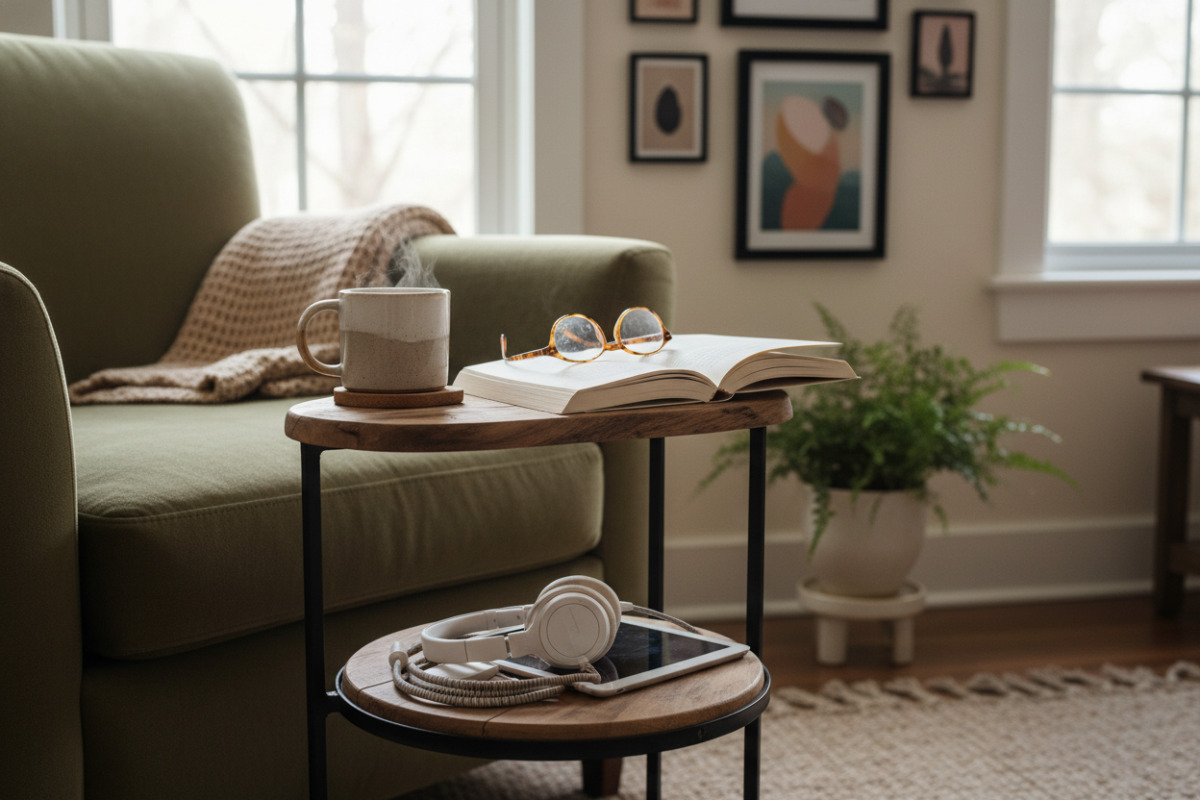 kleine Alltagsszenen, die zeigen, wie Ankommen, Trinken, Lesen, Pausen und ein fester Geräteplatz zusammen Ruhe in den