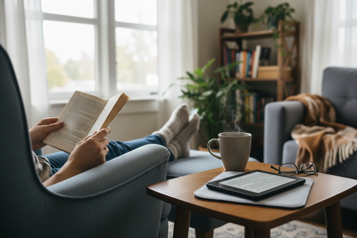 kleine Alltagsszenen, die zeigen, wie Ankommen, Trinken, Lesen, Pausen und ein fester Geräteplatz zusammen Ruhe in den