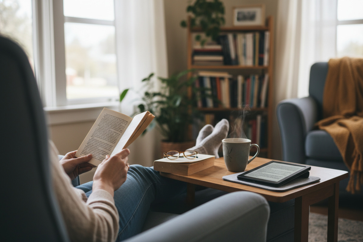 kleine Alltagsszenen, die zeigen, wie Ankommen, Trinken, Lesen, Pausen und ein fester Geräteplatz zusammen Ruhe in den