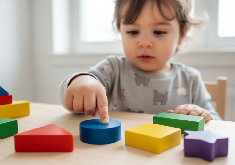 Kind zeigt auf verschiedene geometrische Formen