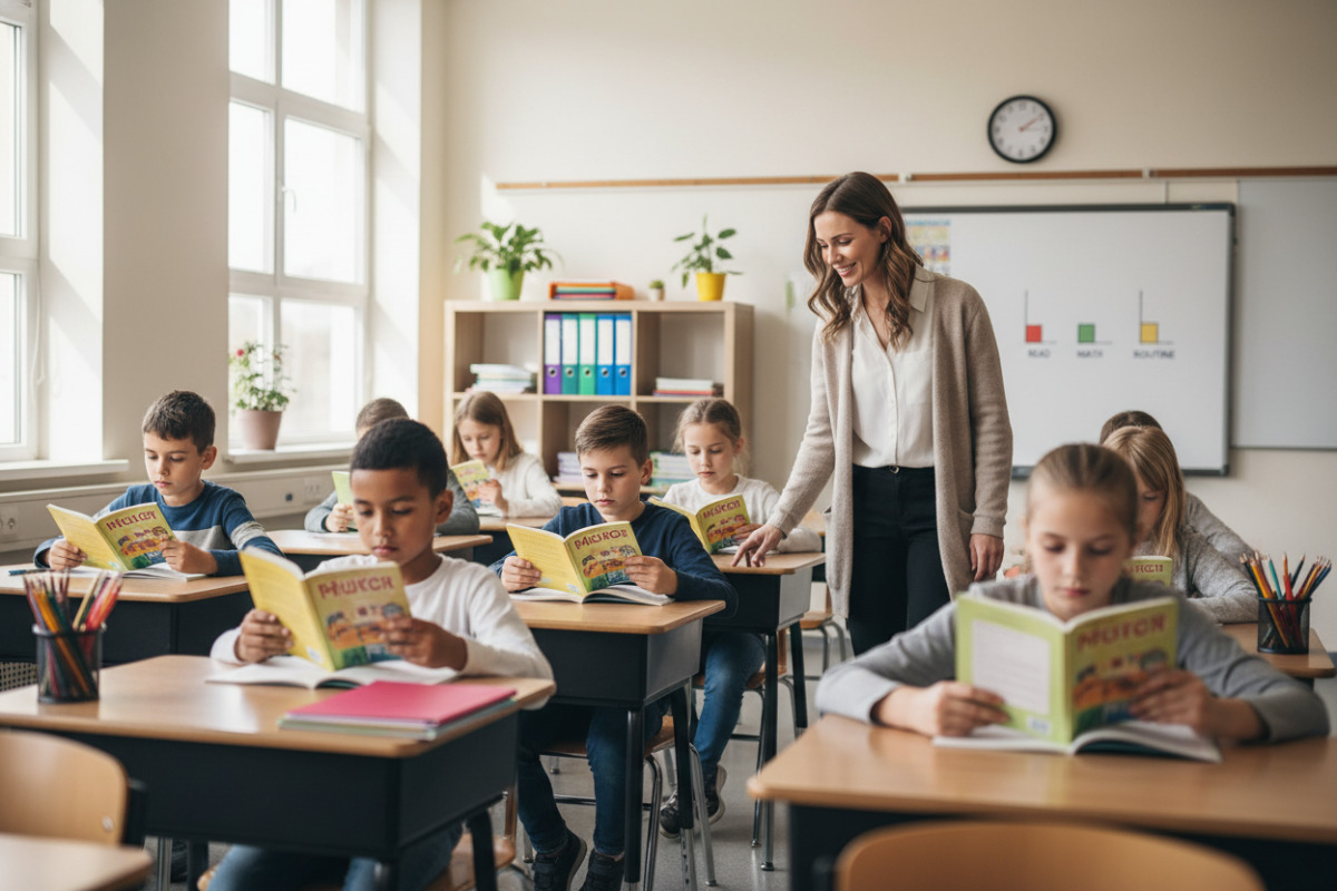 Alltagsszenen, die zeigen, wie kurze Lesezeiten, kleine Rechenportionen und feste Rituale Kinder in der dritten Klasse
