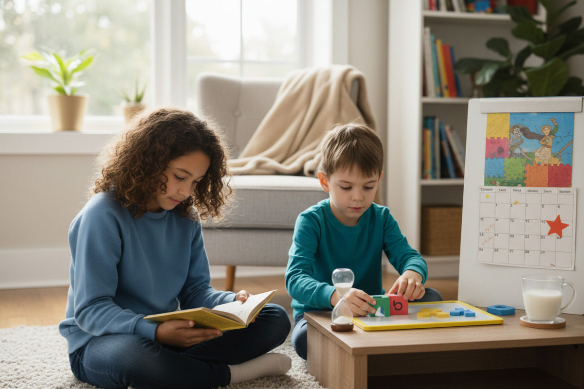 Alltagsszenen, die zeigen, wie kurze Lesezeiten, kleine Rechenportionen und feste Rituale Kinder in der dritten Klasse