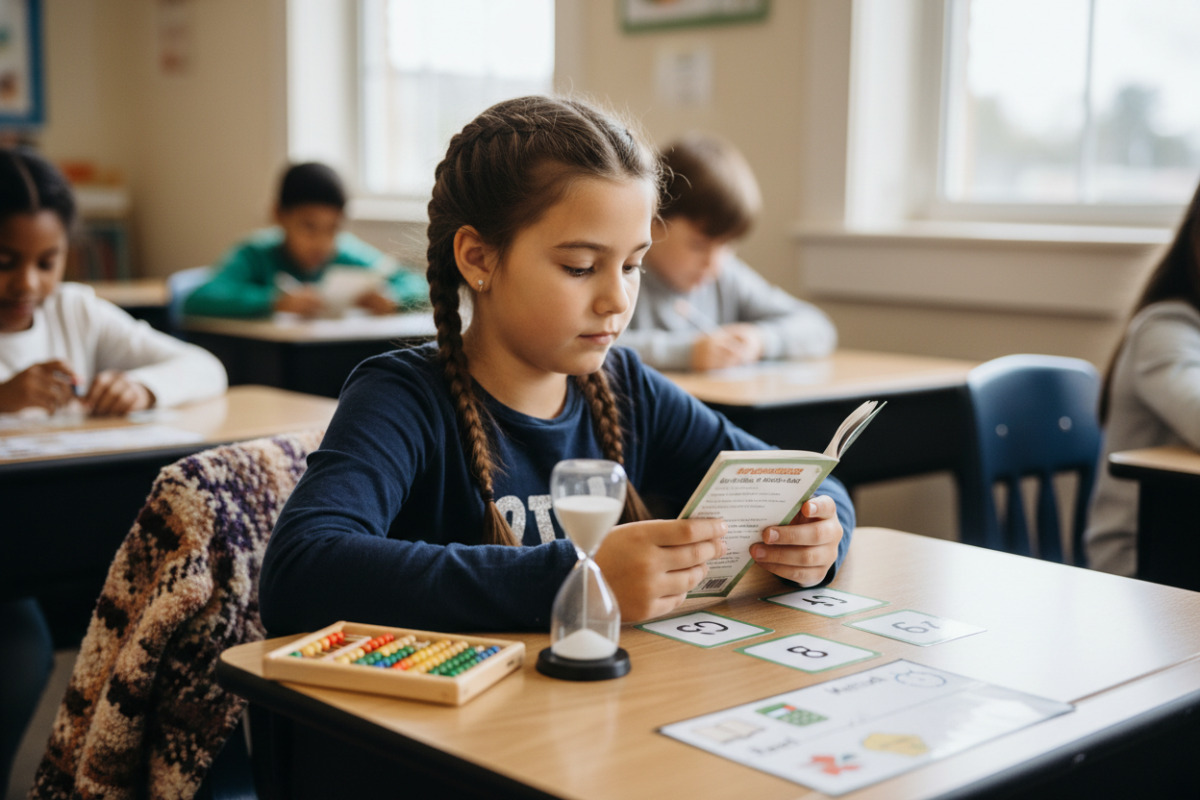 Alltagsszenen, die zeigen, wie kurze Lesezeiten, kleine Rechenportionen und feste Rituale Kinder in der dritten Klasse
