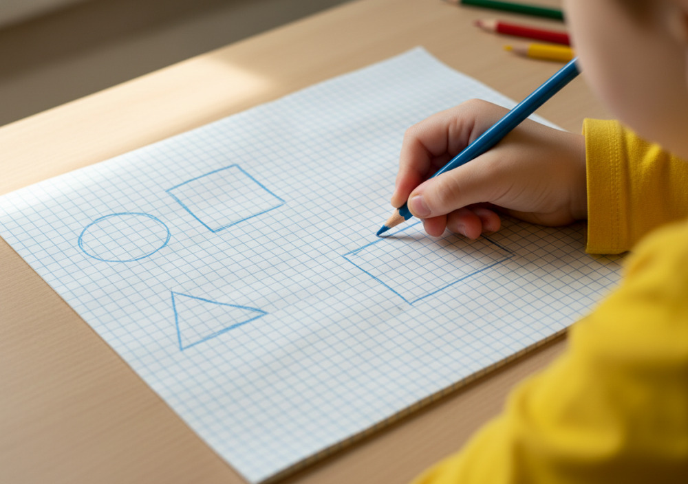 Kind zeichnet einfache geometrische Formen auf kariertem Papier