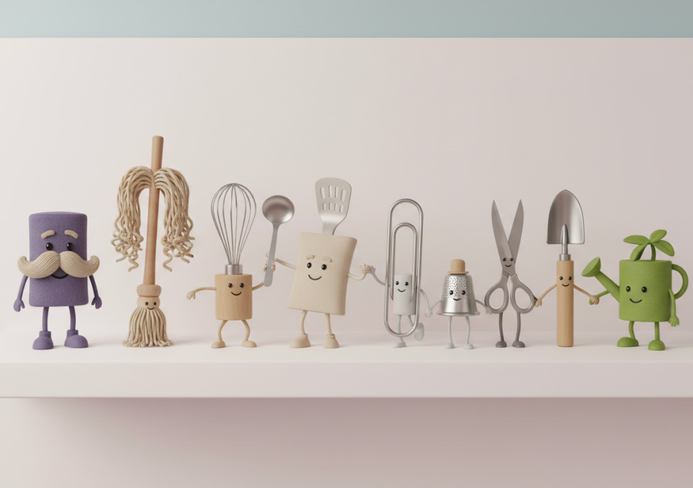 Alltagsgegenstände als 3D-Figuren sortiert