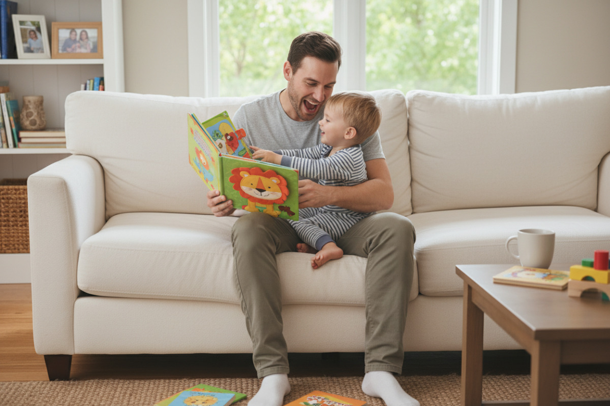 Alltagsszenen, in denen Lesen kurz, spielerisch und bindungsorientiert stattfinden kann am Tisch, auf dem Sofa oder in