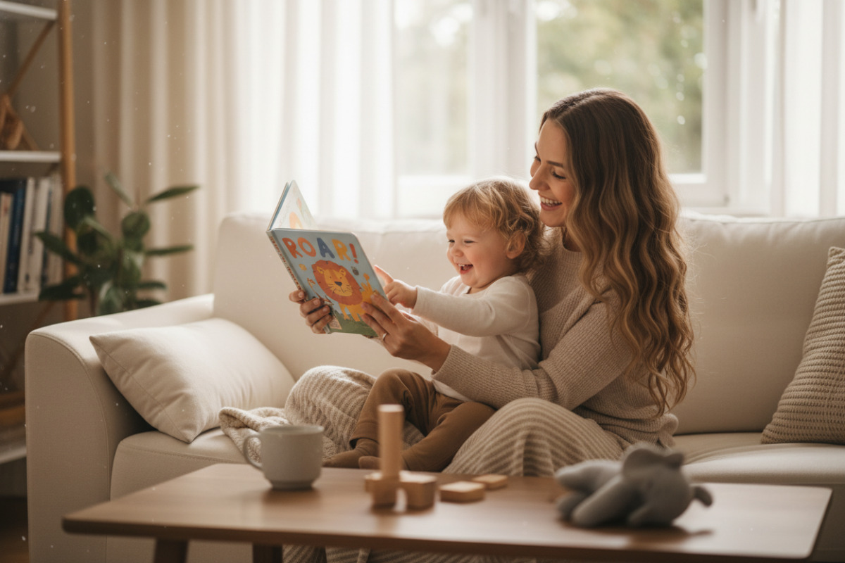 Alltagsszenen, in denen Lesen kurz, spielerisch und bindungsorientiert stattfinden kann am Tisch, auf dem Sofa oder in