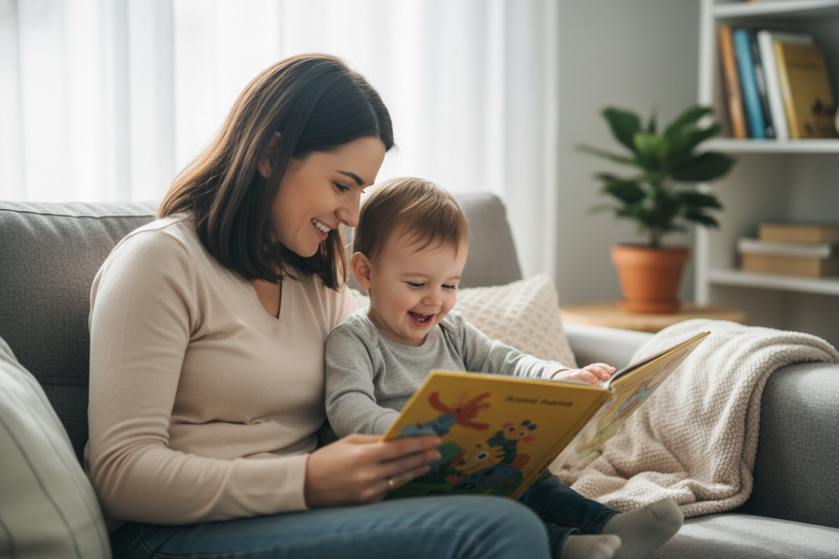Alltagsszenen, in denen Lesen kurz, spielerisch und bindungsorientiert stattfinden kann am Tisch, auf dem Sofa oder in