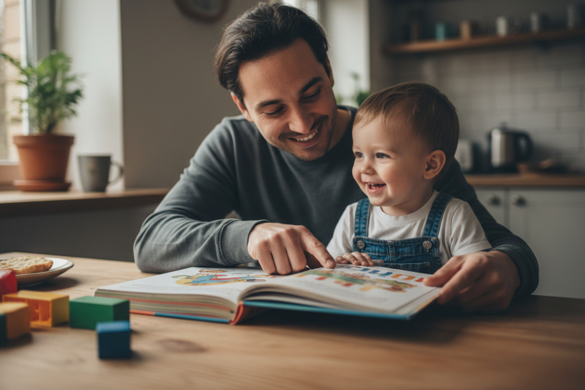 Alltagsszenen, in denen Lesen kurz, spielerisch und bindungsorientiert stattfinden kann am Tisch, auf dem Sofa oder in