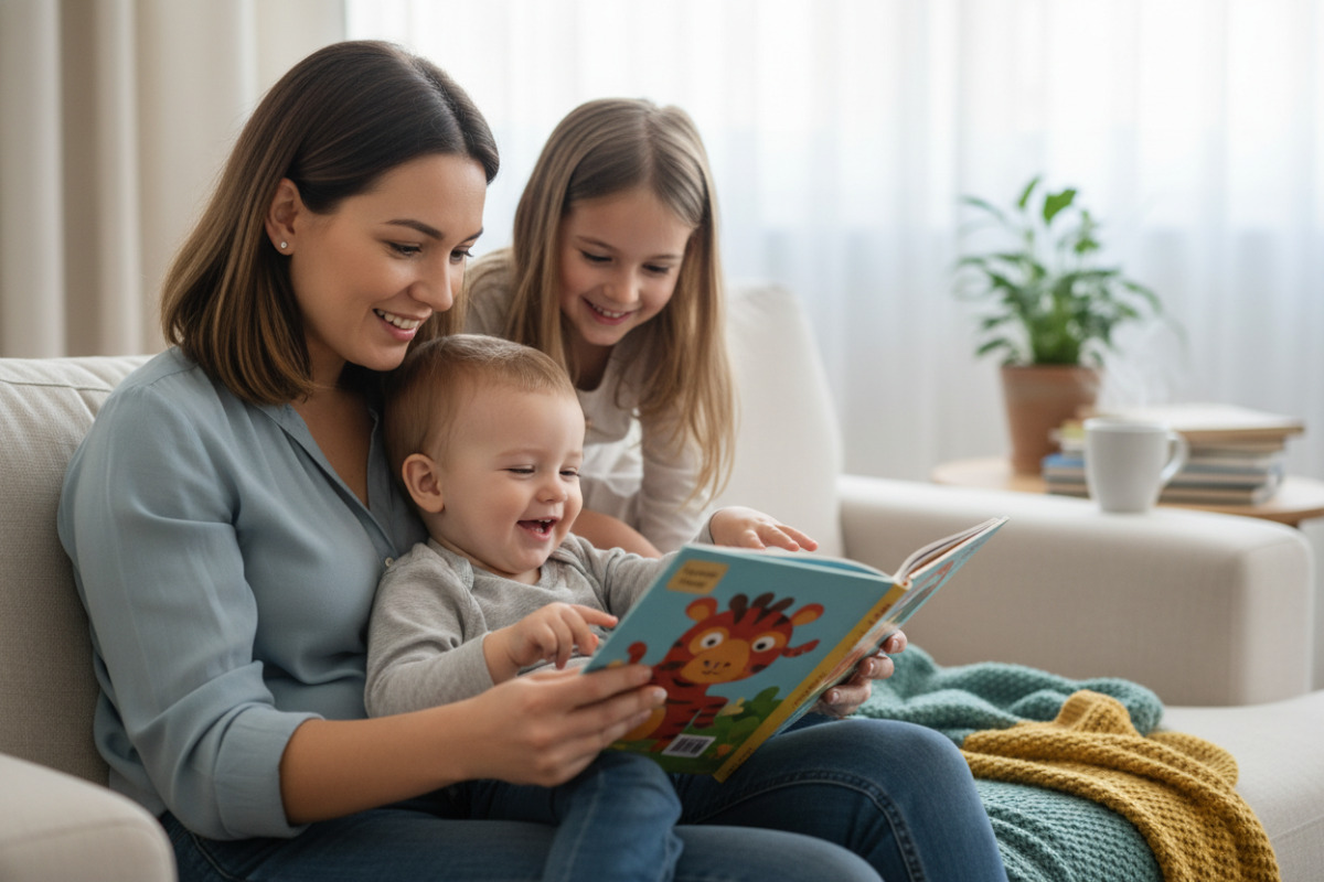 Alltagsszenen, in denen Lesen kurz, spielerisch und bindungsorientiert stattfinden kann am Tisch, auf dem Sofa oder in