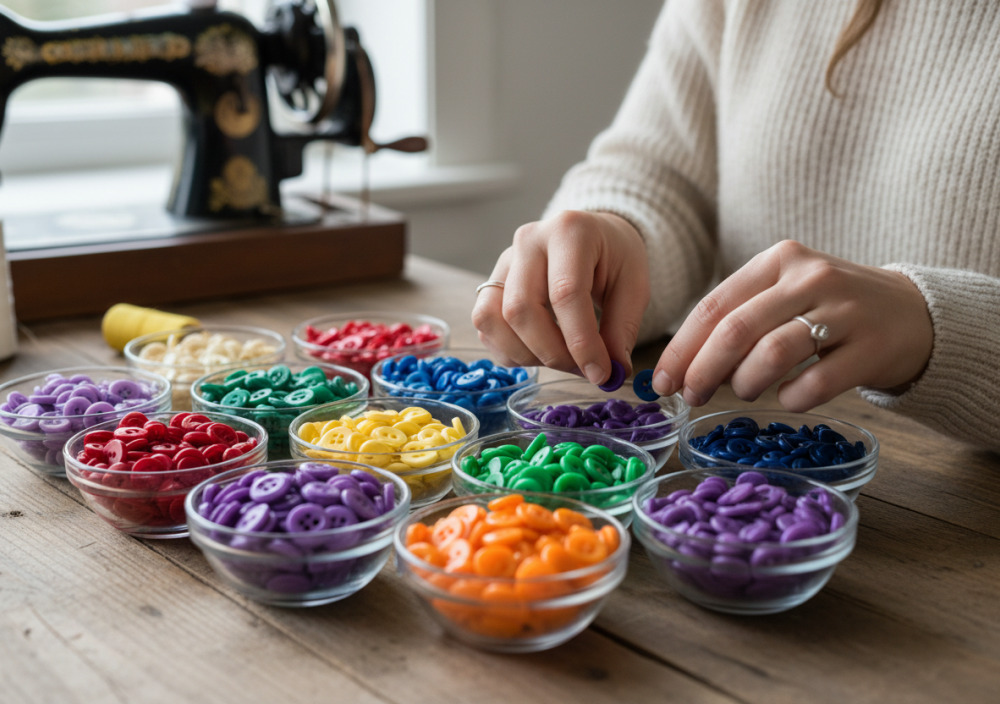Kind sortiert bunte Knöpfe in kleine Schälchen