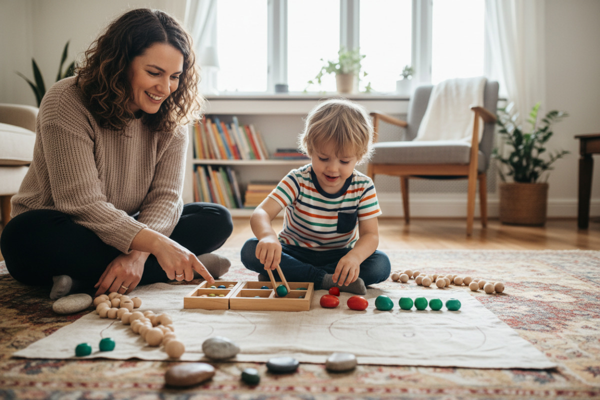 Alltagsszenen, die zeigen, wie Aufmerksamkeit, Zählen und Feinmotorik spielerisch und stressarm zuhause geübt werden