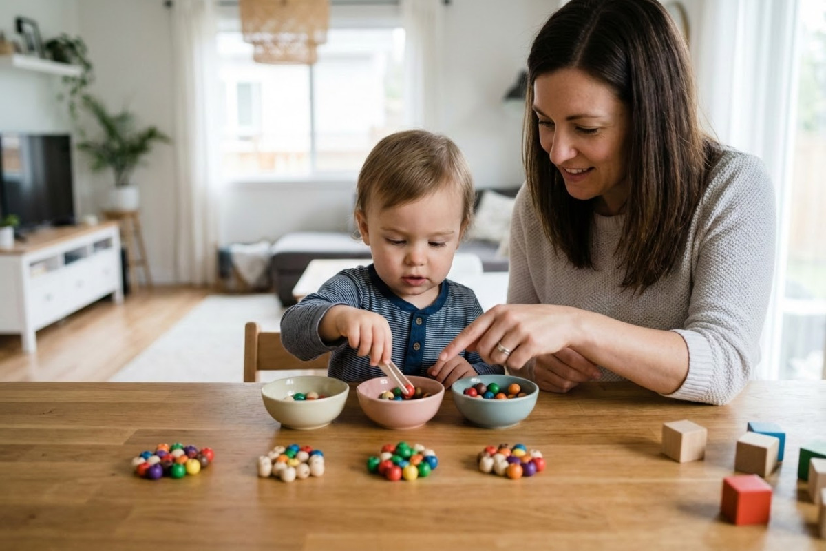 Alltagsszenen, die zeigen, wie Aufmerksamkeit, Zählen und Feinmotorik spielerisch und stressarm zuhause geübt werden