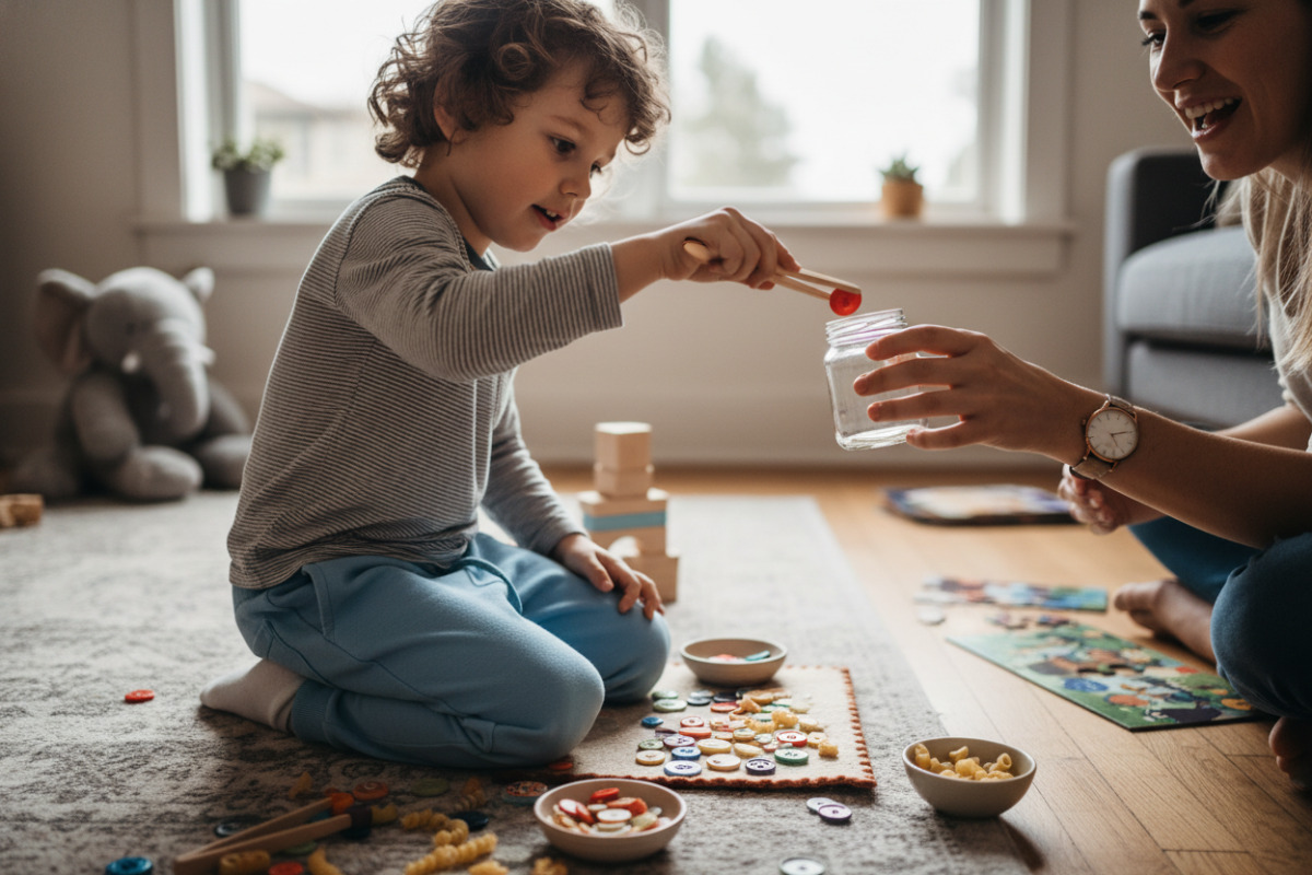 Alltagsszenen, die zeigen, wie Aufmerksamkeit, Zählen und Feinmotorik spielerisch und stressarm zuhause geübt werden