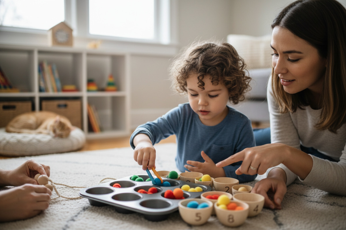 Alltagsszenen, die zeigen, wie Aufmerksamkeit, Zählen und Feinmotorik spielerisch und stressarm zuhause geübt werden