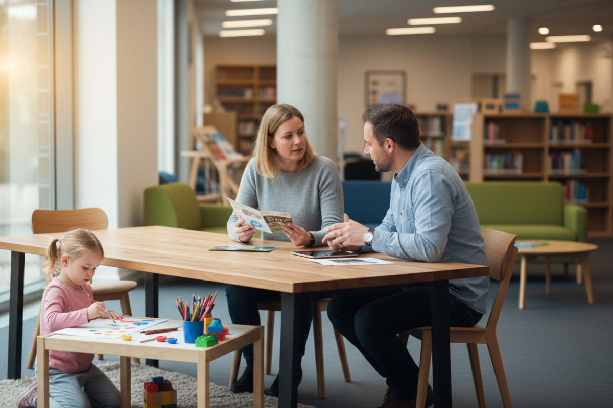 Abb. Eltern informieren sich, während ihr Kind nebenbei spielt und malt.