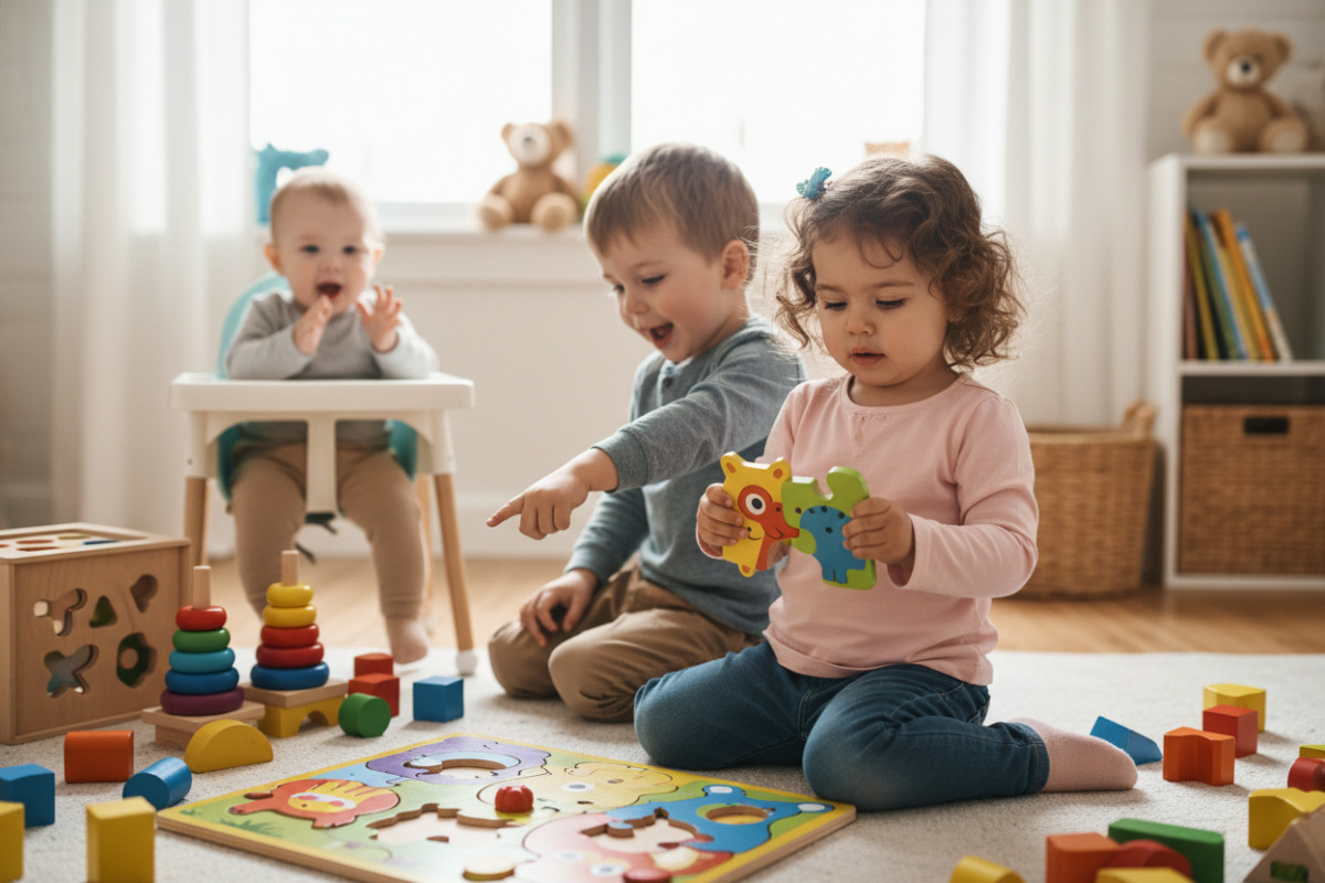 Alltagsszenen, in denen Kinder spielerisch Aufmerksamkeit, Sprache, Feinmotorik und erstes logisches Denken üben