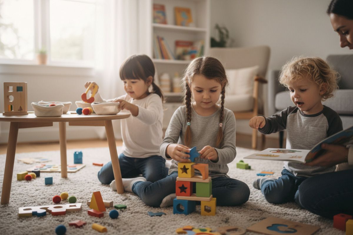 Alltagsszenen, in denen Kinder spielerisch Aufmerksamkeit, Sprache, Feinmotorik und erstes logisches Denken üben