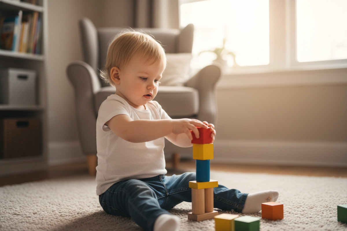 Alltagsszenen, in denen Kinder spielerisch Aufmerksamkeit, Sprache, Feinmotorik und erstes logisches Denken üben