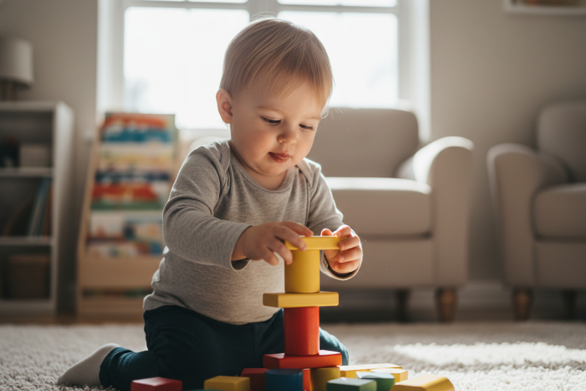 Alltagsszenen, in denen Kinder spielerisch Aufmerksamkeit, Sprache, Feinmotorik und erstes logisches Denken üben