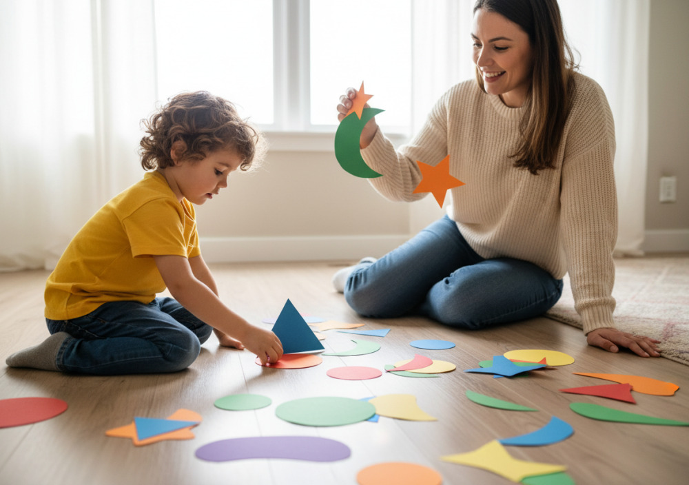 Kind und Erwachsene spielen mit ausgeschnittenen Formen