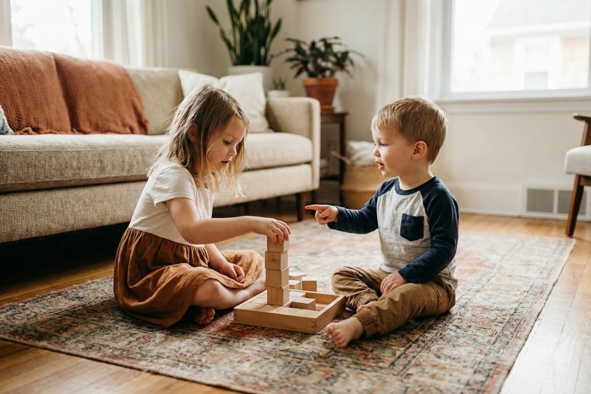 Alltagsszenen, in denen Kinder spielerisch Aufmerksamkeit, Sprache, Feinmotorik und erstes logisches Denken üben