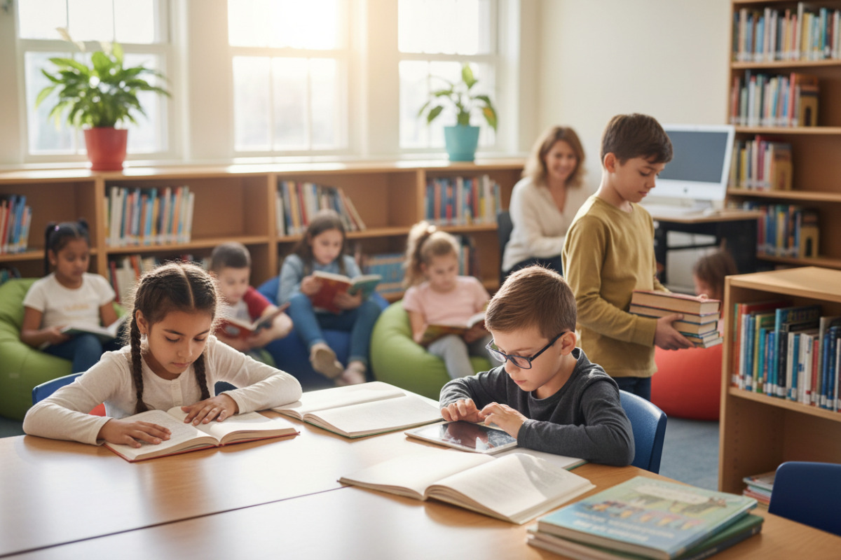 Alltagsszenen zeigen, wie Bibliotheksbesuche Lesen, ruhige Arbeit und kleine Verantwortungsaufgaben im Schulalltag