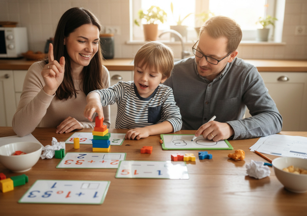 Erstklässler lernt mit Eltern Mathematik am Küchentisch