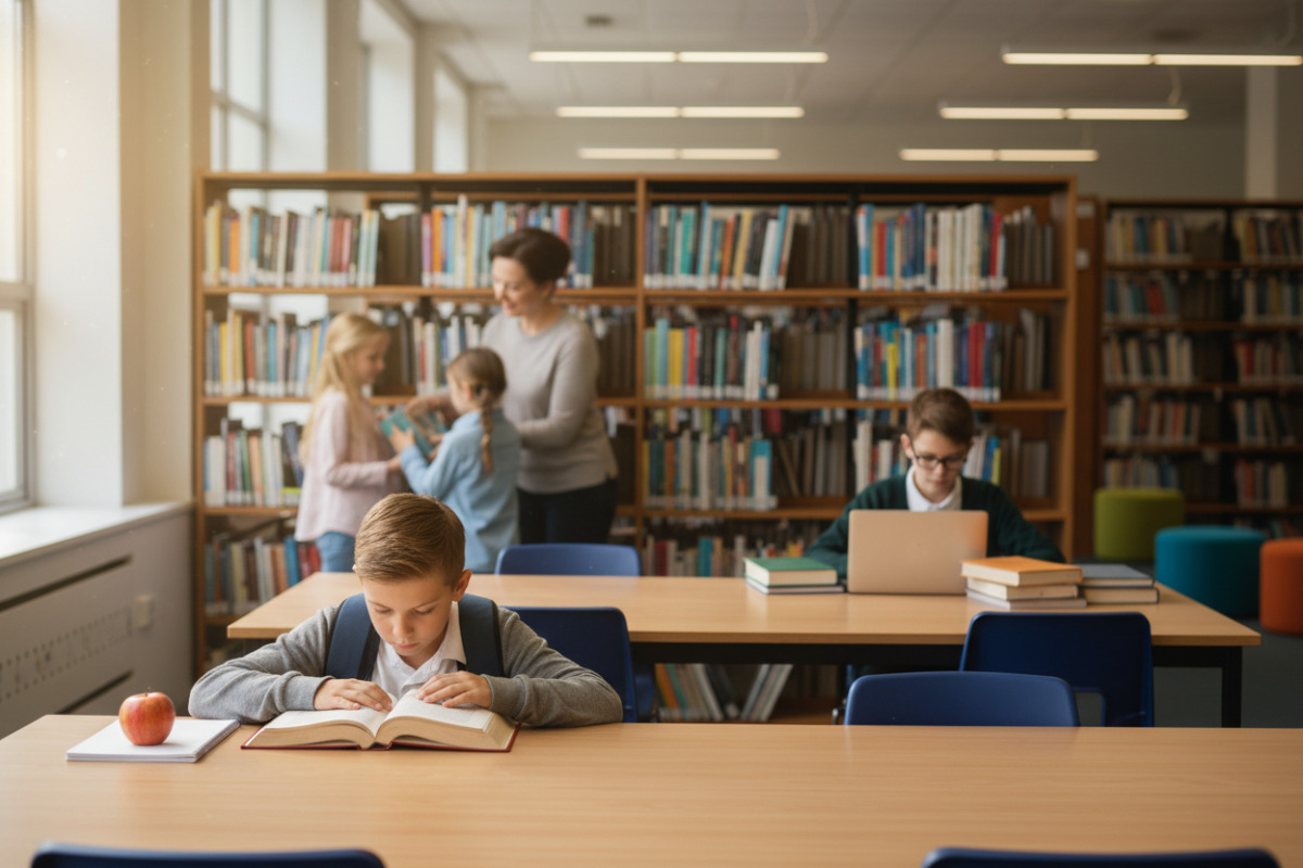 Alltagsszenen zeigen, wie Bibliotheksbesuche Lesen, ruhige Arbeit und kleine Verantwortungsaufgaben im Schulalltag