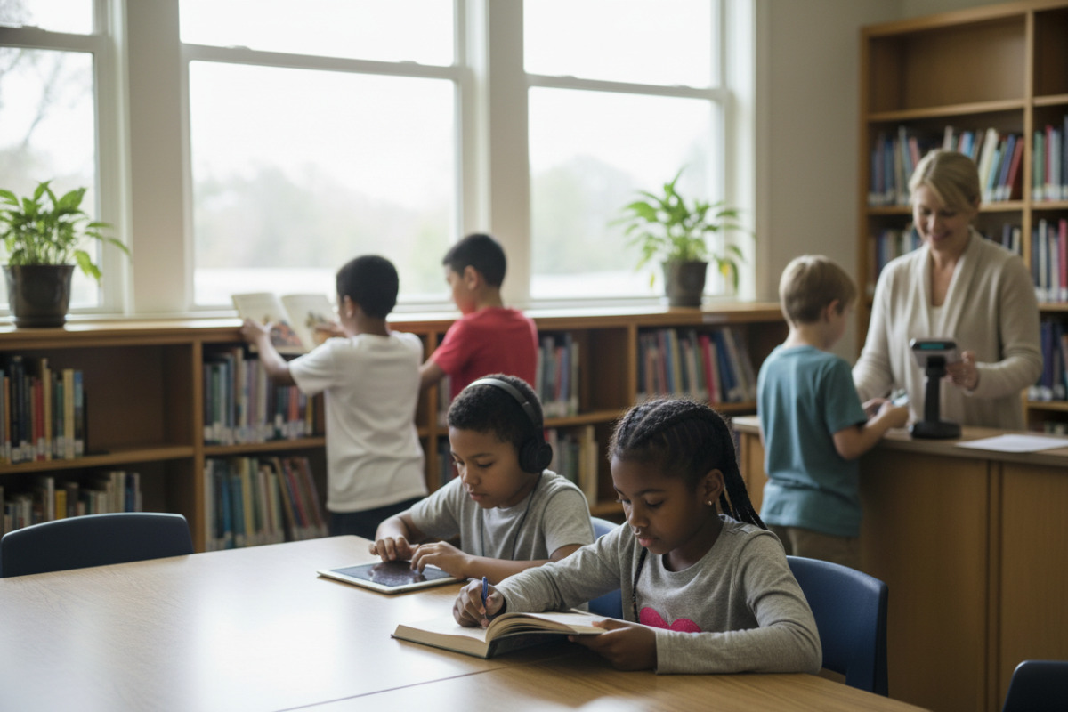 Alltagsszenen zeigen, wie Bibliotheksbesuche Lesen, ruhige Arbeit und kleine Verantwortungsaufgaben im Schulalltag