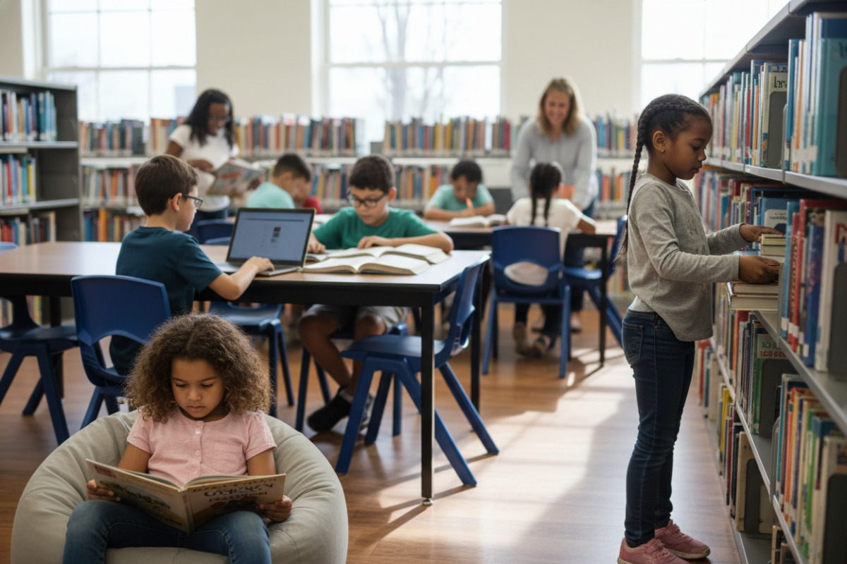 Alltagsszenen zeigen, wie Bibliotheksbesuche Lesen, ruhige Arbeit und kleine Verantwortungsaufgaben im Schulalltag