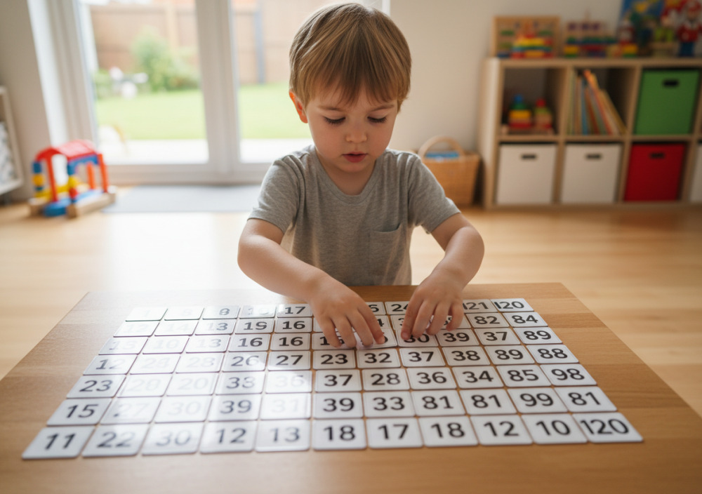 Kind ordnet Zahlenkarten bis 120 auf dem Tisch